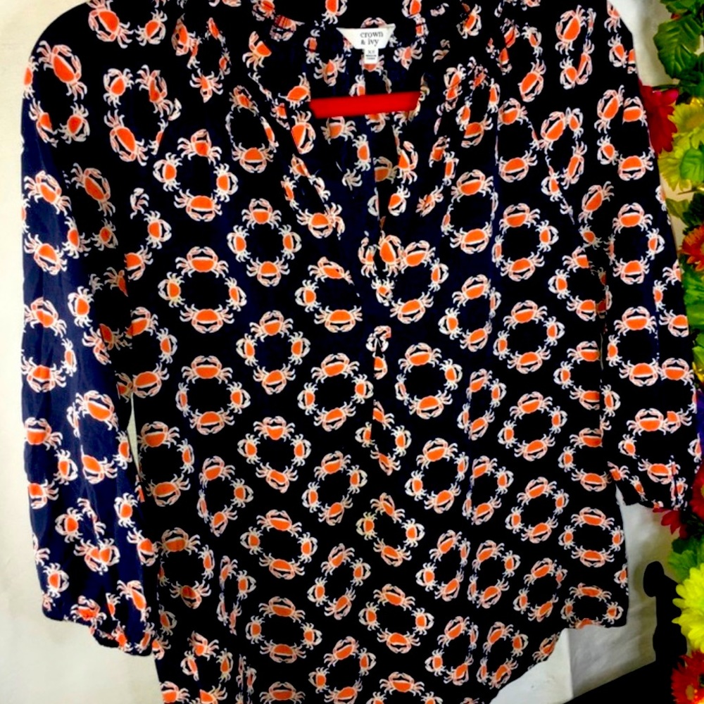 Crown & Ivy | Women’s Blue w/ Orange Crab Pattern Long Sleeve Blouse Top